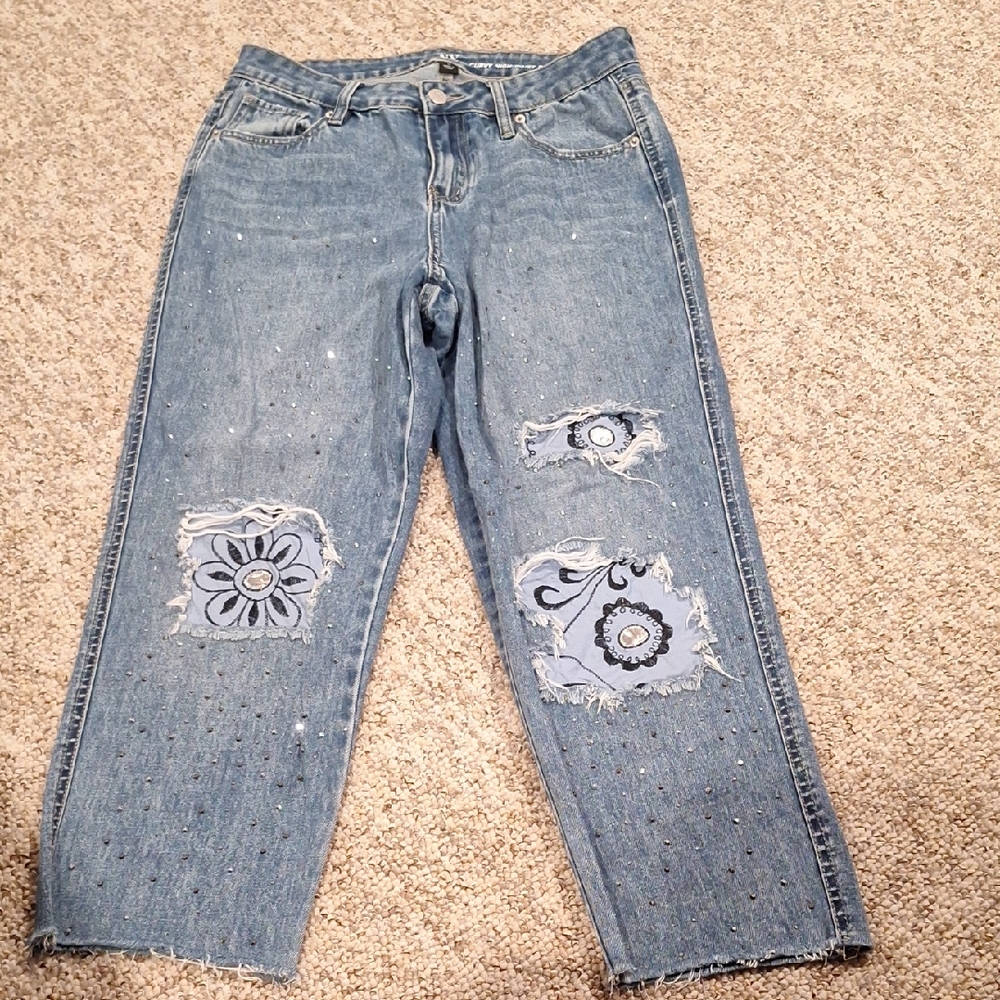 Upcycled New York & Company Cropped Jeans With Floral Accents